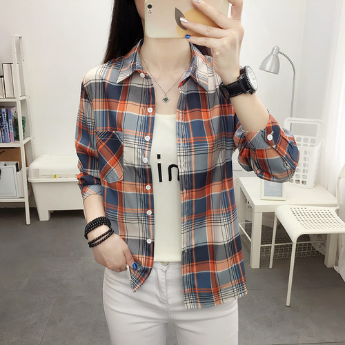 复古港味大码春秋装单穿格子衬衫