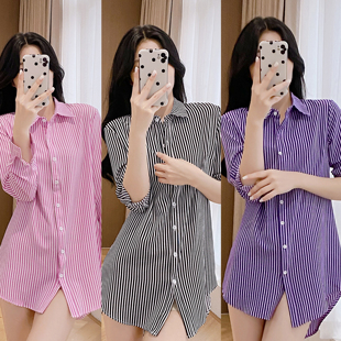 2025条纹衬衫女长袖春秋装新款中长款宽松洋气百搭打底衬衣防晒衣