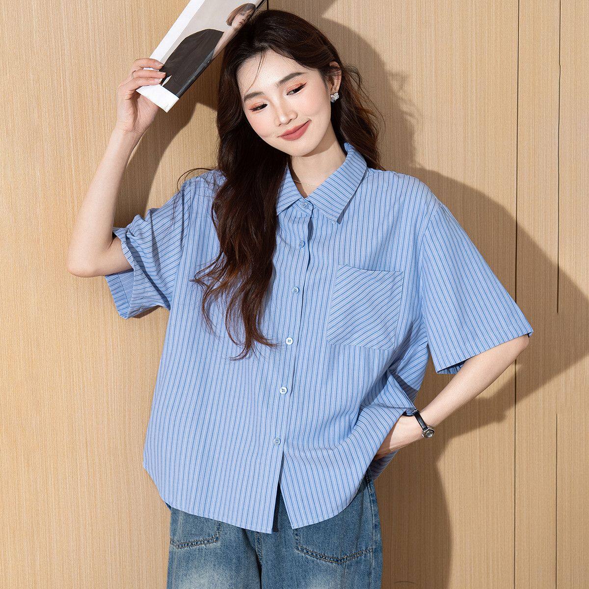 宽松蓝色条纹短袖衬衫2026通勤法式衬衣新款休闲薄款夏季上衣