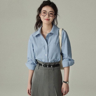 女春夏职业OL通勤长袖 气质上衣百搭条纹衬衫 衬衣 港风经典 2025新款