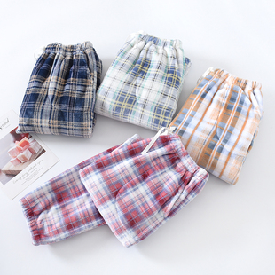加厚法兰绒睡裤女冬收脚口家居保暖宽松日系格子珊瑚绒裤子家居裤