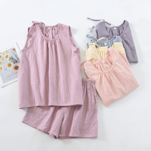薄家居服 套装 日系甜美双层纱布睡衣女夏纯棉无袖 系带背心三分短裤