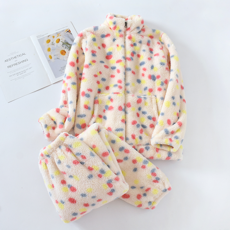 女冬珊瑚绒加厚拉链彩点睡衣