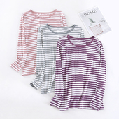 条纹外穿睡衣上衣家居服 单件套头薄款 舒适莫代尔长袖 t恤女春秋季