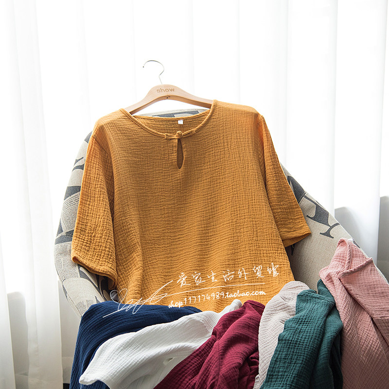 SUPER FAIRY WASHED COTTON GAUZE CREPE PAJAMA TOP WOMENS SINGLE PIECE FRESH RETRO THIN CUTOUT COTTON THREE-QUARTER SLEEVE T-SHIRT