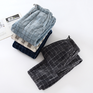 直筒保暖珊瑚绒家居裤 子宽松大码 男冬加厚法兰绒裤 新日系格子睡裤