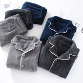 珊瑚绒睡衣套装 男冬纯色宽松休闲居家加厚保暖法兰绒家居服两件套