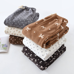 女冬加绒加厚保暖碎花直筒宽松法兰绒家居裤 新款 治愈系珊瑚绒睡裤