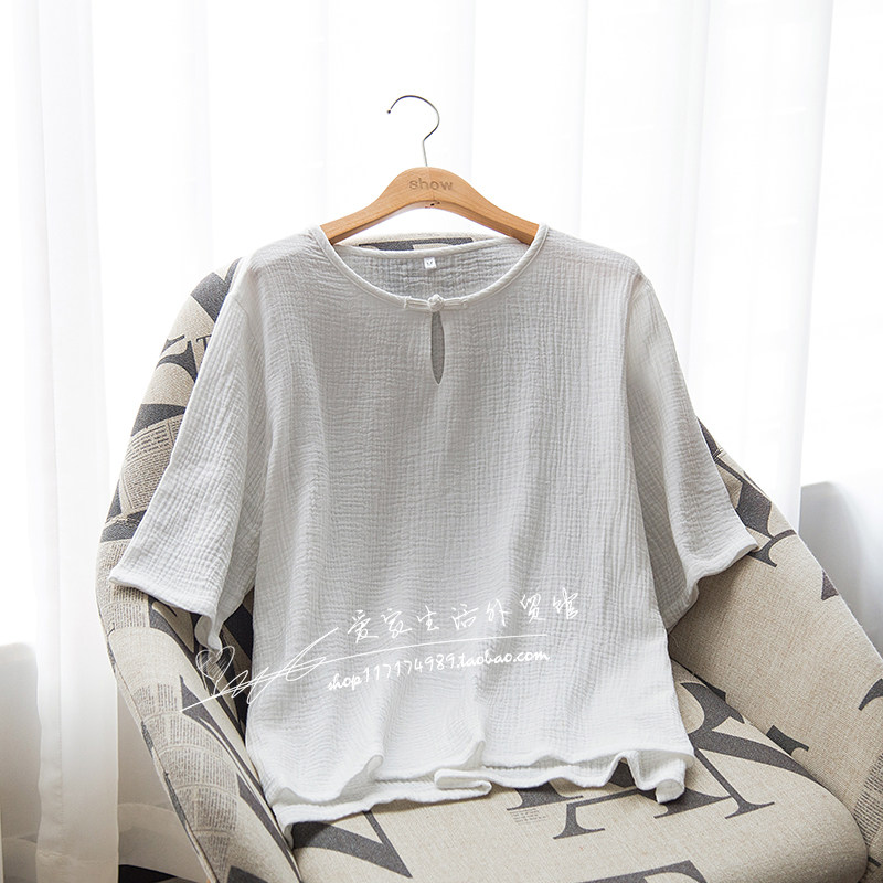 SUPER FAIRY WASHED COTTON GAUZE CREPE PAJAMA TOP WOMENS SINGLE PIECE FRESH RETRO THIN CUTOUT COTTON THREE-QUARTER SLEEVE T-SHIRT