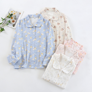 25新日系纯棉双层纱布睡衣女春秋长袖 宽松卡通全棉家居服 上衣薄款