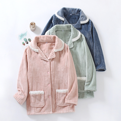 加厚坑条法兰绒女士家居上衣