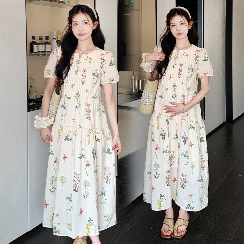 亲肤纯棉夏季短袖碎花哺乳连衣裙宽松显瘦孕妇装产后外出喂奶服女