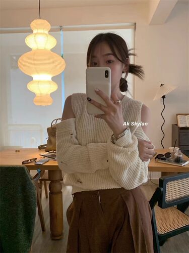 现货小众破洞露肩针织毛衣女