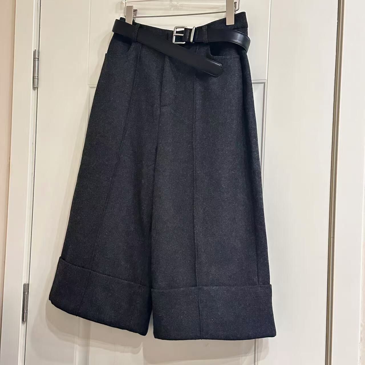 深灰色七分阔腿裤女高腰小个子毛呢休闲裤配腰带T22622