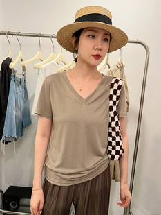 清仓现货垂感V领莫尔代短袖T恤女春夏季宽松显瘦休闲上衣7339