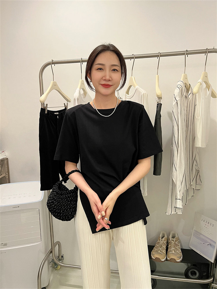 清仓现货侧开叉带垫肩短袖T恤女