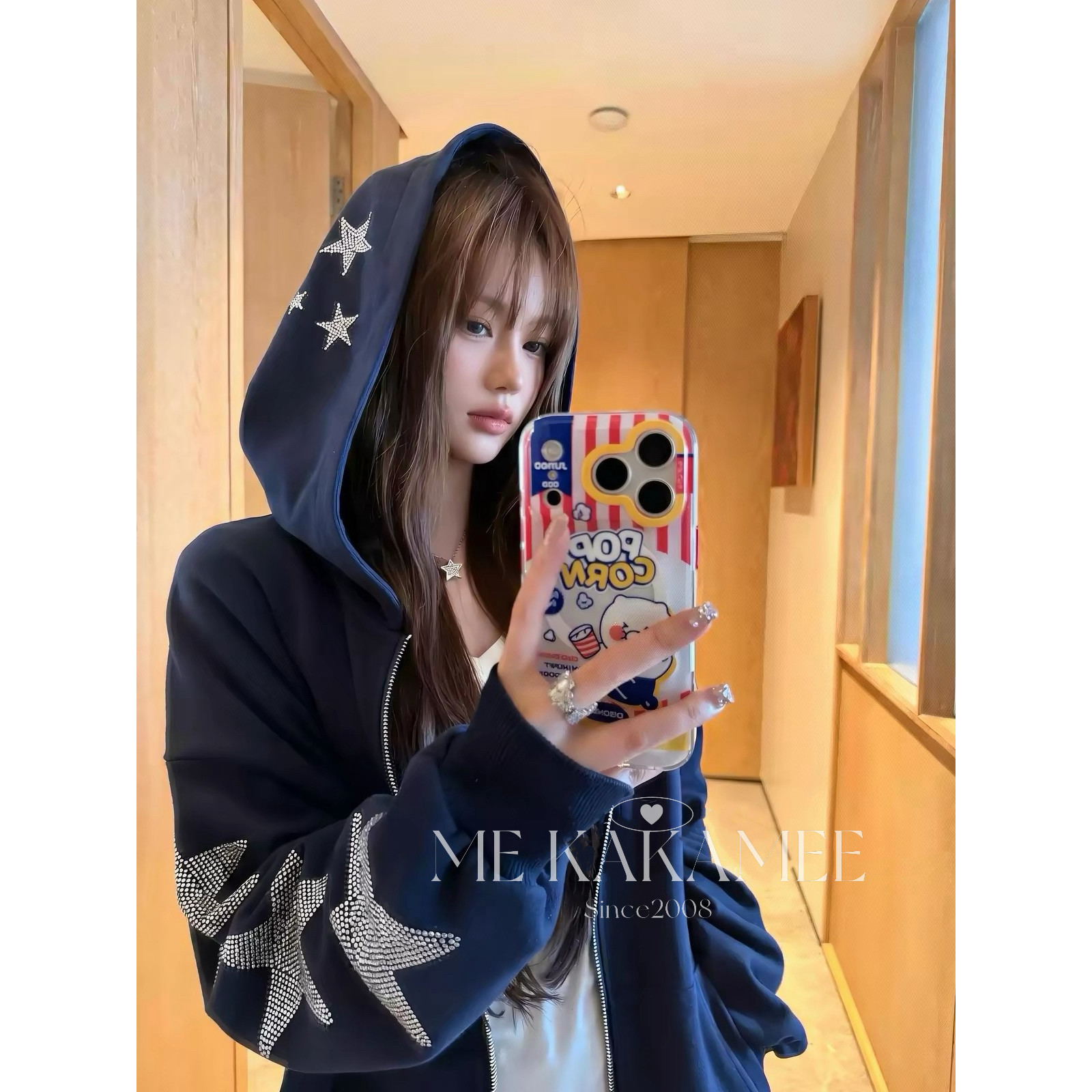 星星烫钻松弛感连帽宽松卫衣