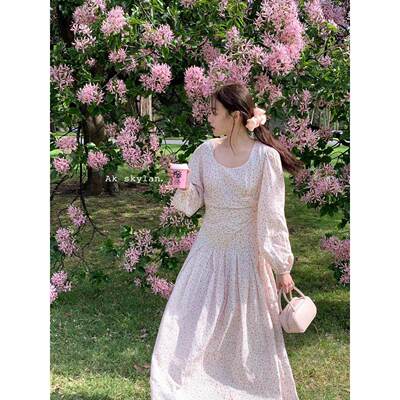 清仓现货法式方领收腰碎花裙女