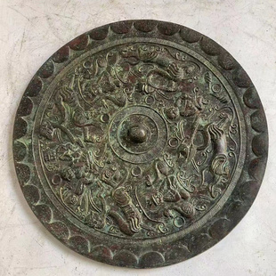 仿古青铜器风水老摆件古玩包老做旧古董镇宅纯铜海兽镜错银古铜镜