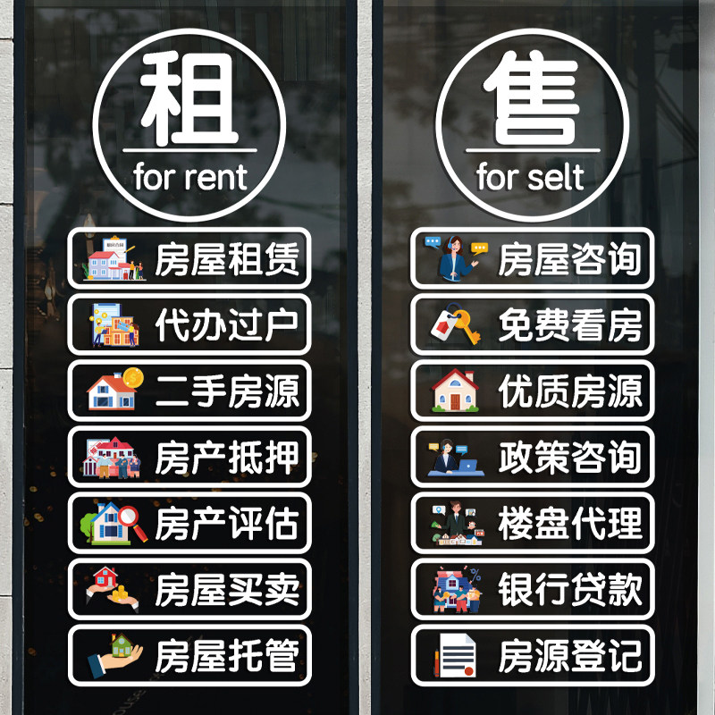 创意房产中介店铺玻璃门贴纸房屋托管租售租赁橱窗布置广告字贴画