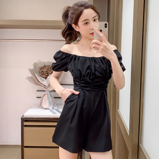 新款 套装 小个子连体衣女装 连体短裤 显瘦气质一字肩方领泡泡袖 夏季