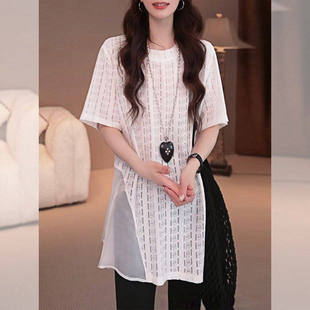 白色镂空蕾丝短袖t恤女2026夏季新款中长款网纱拼接宽松薄款上衣