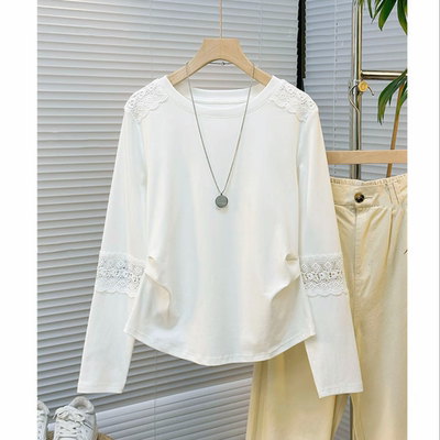 2025秋季新款圆领花边拼接钩花镂空打底衫简约休闲宽松显瘦T恤女