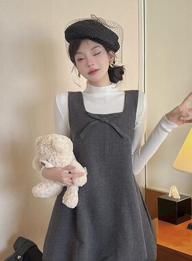 韩系半高领百搭针织打底甜美蝴蝶结呢料无袖花苞连衣裙秋冬季套装
