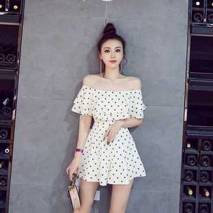新款 套装 法式 荷叶边一字肩波点连体短裤 小个子连体衣女连身裤 夏季