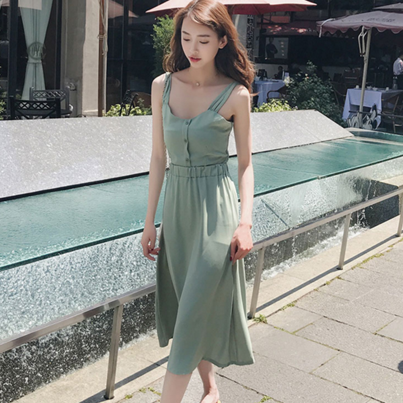 小清新可愛淑女夏季甜美少女漏背chic雪紡吊帶裙網紅兩件套套裝裙