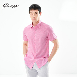 男士 修身 短袖 沙滩休闲纯色半袖 透气亚麻通勤上衣 衬衫 乔治白夏季