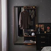 实木衣帽架穿衣镜一体家用隐形推拉换衣镜黑胡桃挂衣架贴墙全身镜