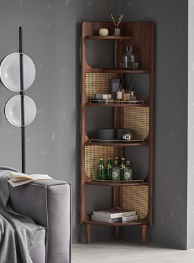 黑胡桃木藤编置物架角柜转角柜简约客厅三角柜墙角收Y纳柜实木书