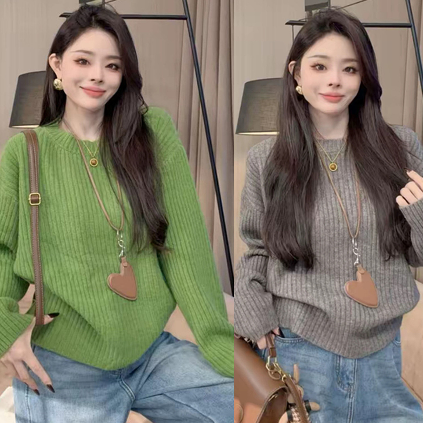 极简风竖坑条打底针织套头毛衣