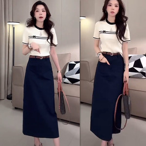 韩系穿搭一整套女夏季条纹撞色蝴蝶结针织上衣后开叉半身裙两件套