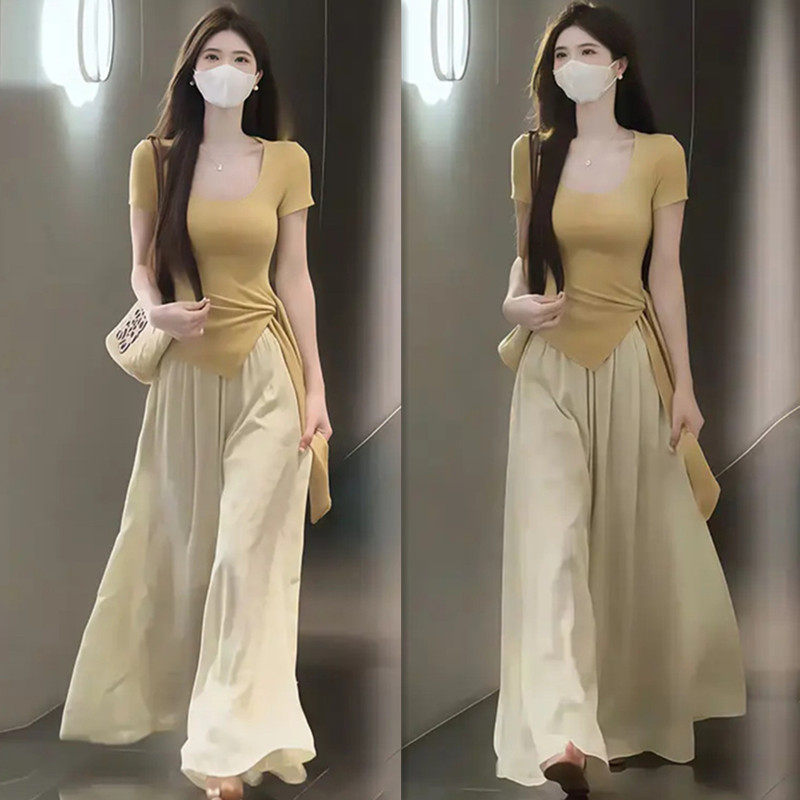 夏日绝美穿搭一整套女不规则绑带短袖上衣高腰垂感阔腿裙裤两件套