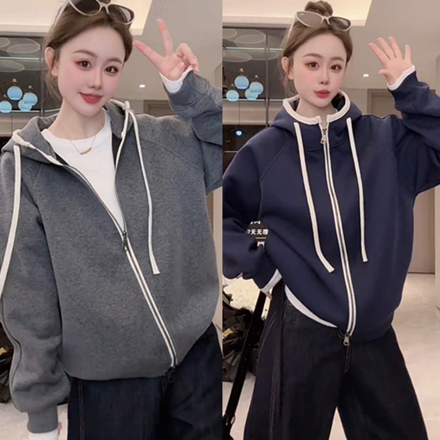 拉链撞色拼接半高领连帽卫衣外套