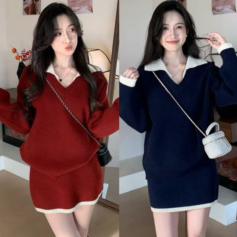 撞色V领针织毛衣半身短裙两件套