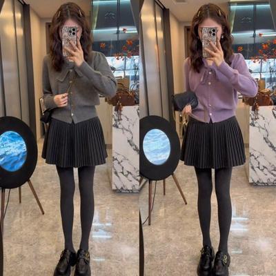 蝴蝶结系带毛衣高腰百褶裙两件套