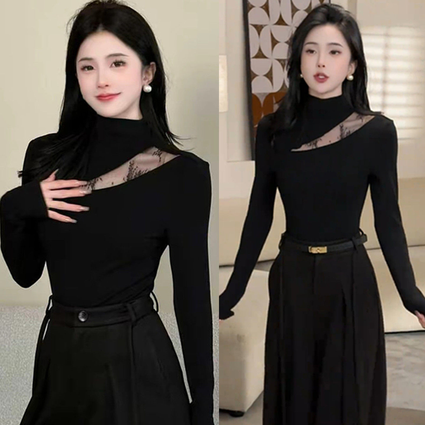 法式气质镂空网纱拼接长袖T恤女冬修身显瘦加绒绝美漂亮内搭上衣,女装/女士精品,T恤,淘宝优惠券,粉丝福利购,淘宝优惠卷