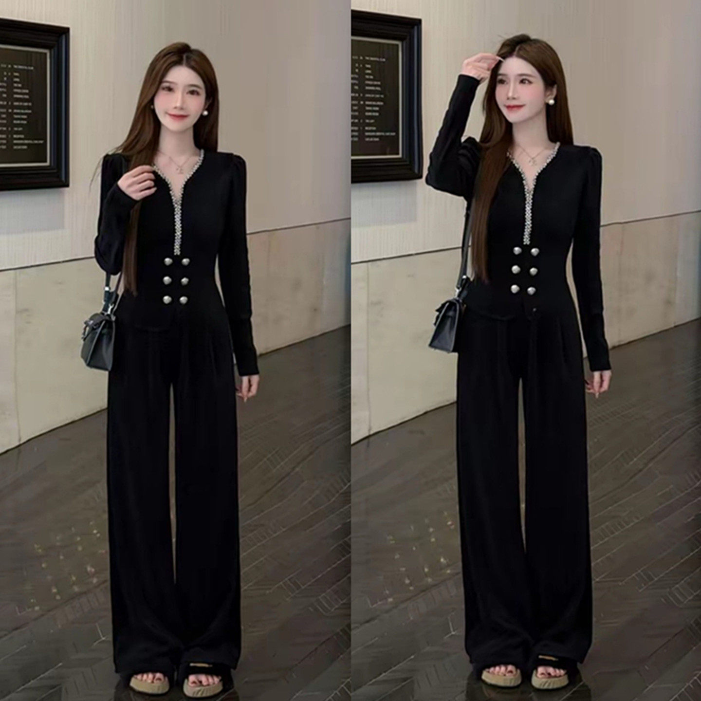 水钻V领上衣直筒裤加绒两件套