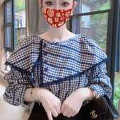 设计感甜美别致小衫 法式 女秋季 衬衫 复古蕾丝拼接荷叶领格子长袖