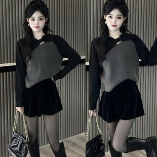 冬季 穿搭一整套女撞色蝴蝶结不对称镂空毛衣A字丝绒半身裙两件套