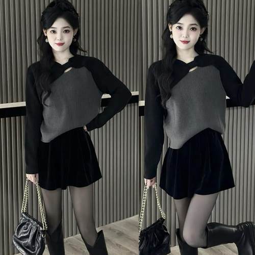 冬季穿搭一整套女撞色蝴蝶结不对称镂空毛衣A字丝绒半身裙两件套