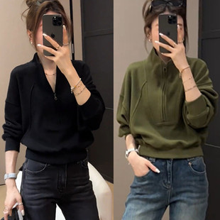 韩系松弛感双面绒半拉链立领卫衣女秋冬慵懒宽松显瘦保暖短款上衣