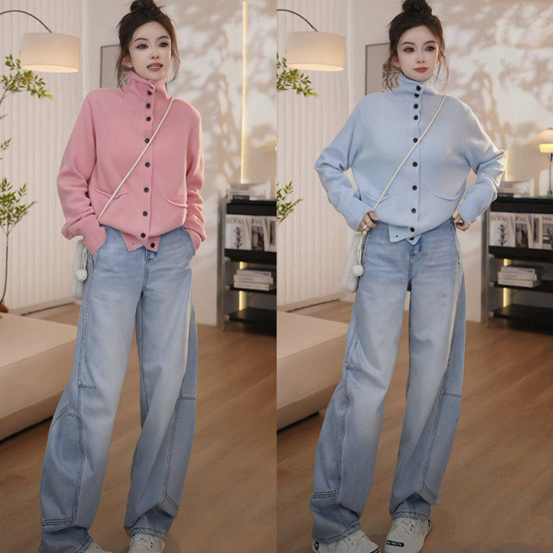 单排扣毛衣加绒阔腿牛仔裤套装