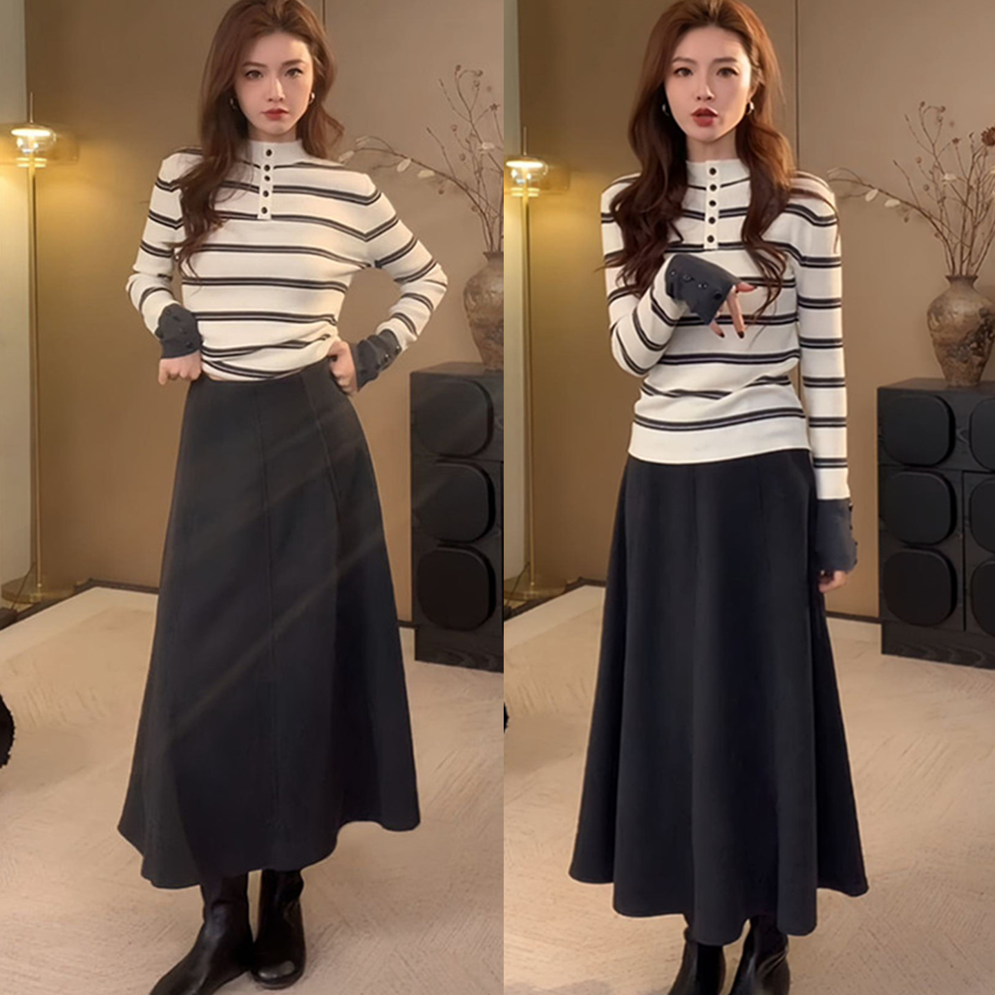 半开领条纹撞色针织衫半身裙套装