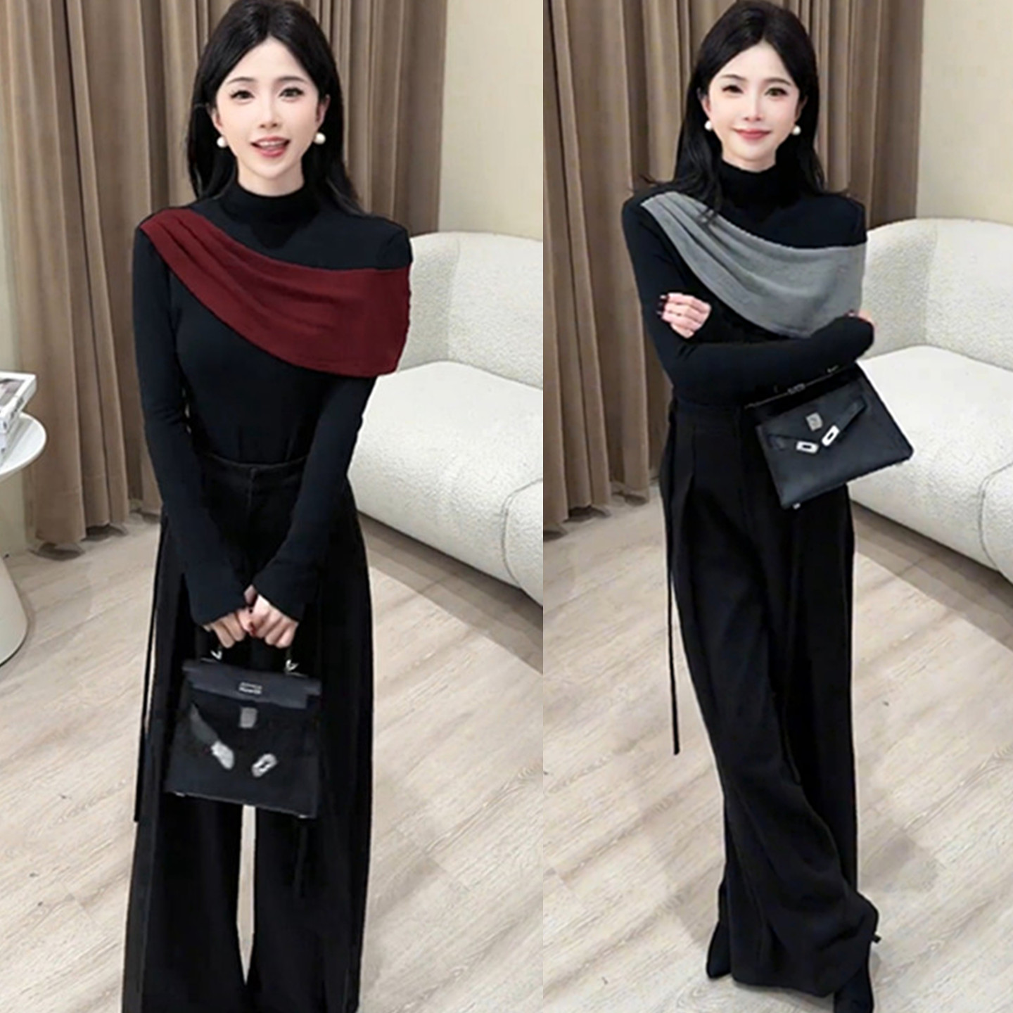 韩系时尚一整套穿搭女秋冬温柔风V领针织毛衣高腰半身裙两件套潮