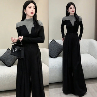 甜美优雅套装女秋季减龄撞色拼接长袖上衣高腰显瘦阔腿裤两件套潮