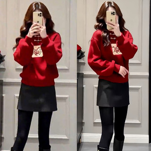 圣诞新年穿搭新中式红色立领盘扣长袖针织衫毛衣女冬季绝美上衣潮